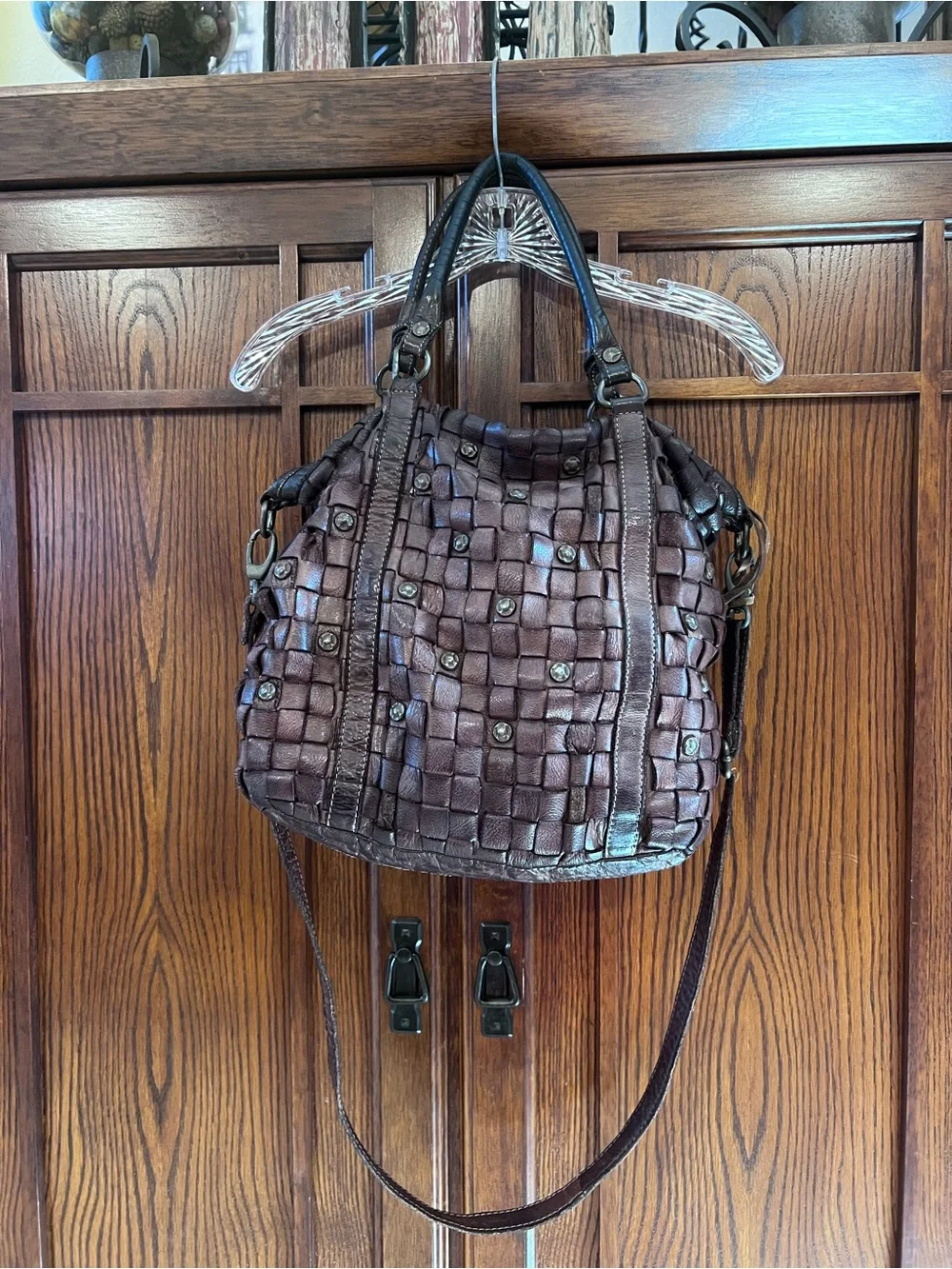 Civico 93 Italian Woven Leather Tote Bag Studded Brown Shoulder Crossbody Italy